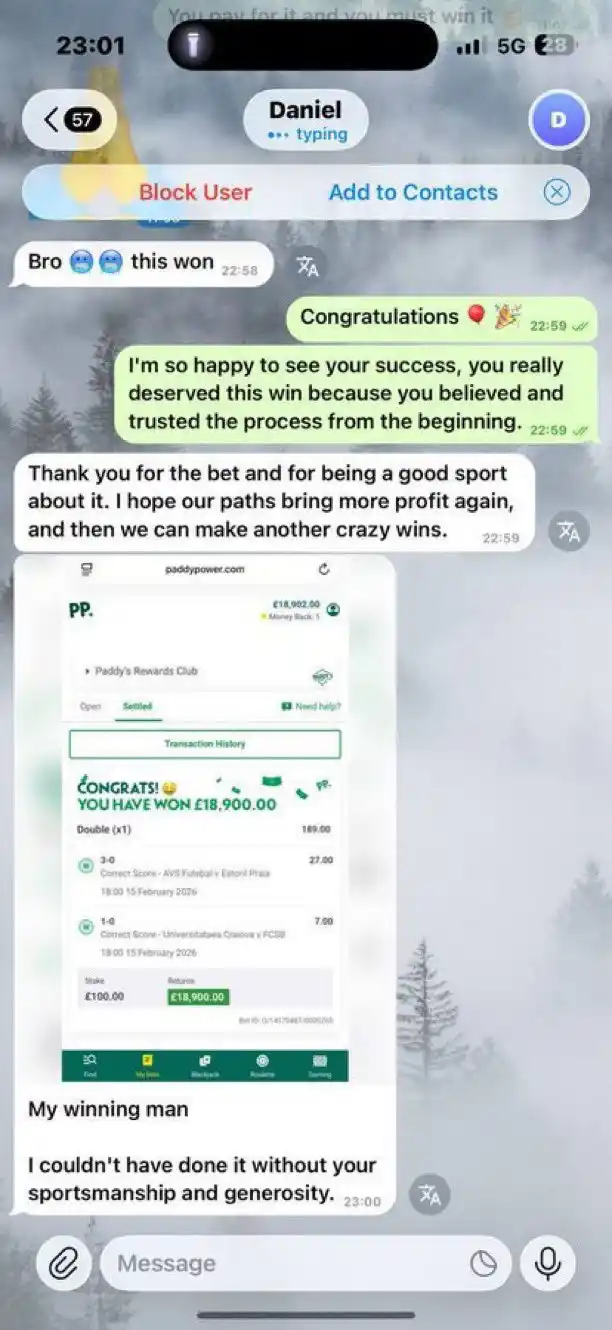 Correct Score Client Chat Proof 165 Odds 15 February 2026